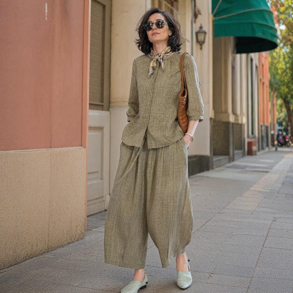 Linen Pant Wide - Damski komplet casualowy plus size na