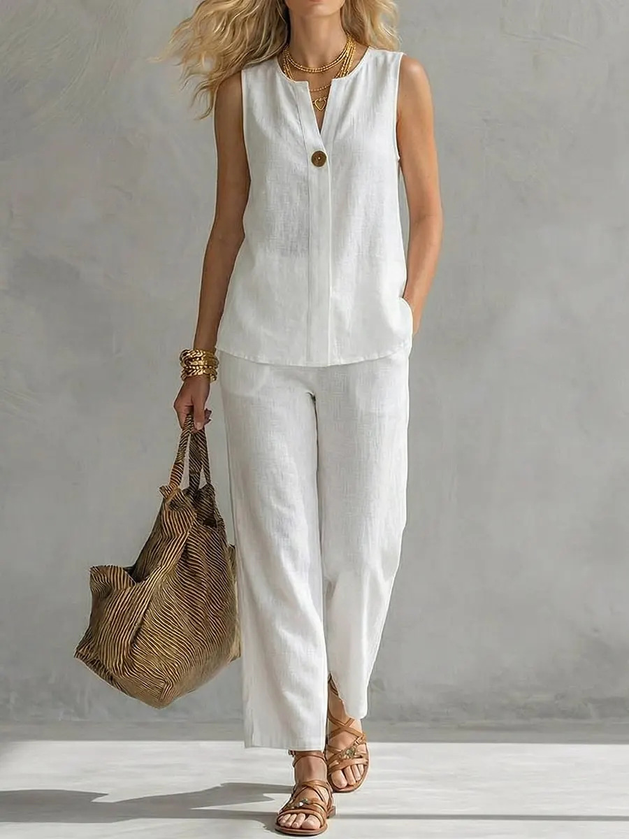 Linen Pant Wide - Dwuczęściowy lniany komplet bez rękawów z