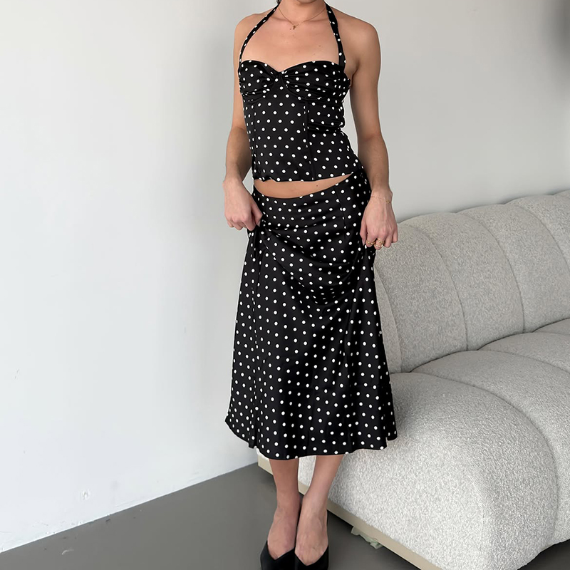 Crop Top Crochet - Dwuczęściowy Zestaw Spódnice w Kropki Komplety