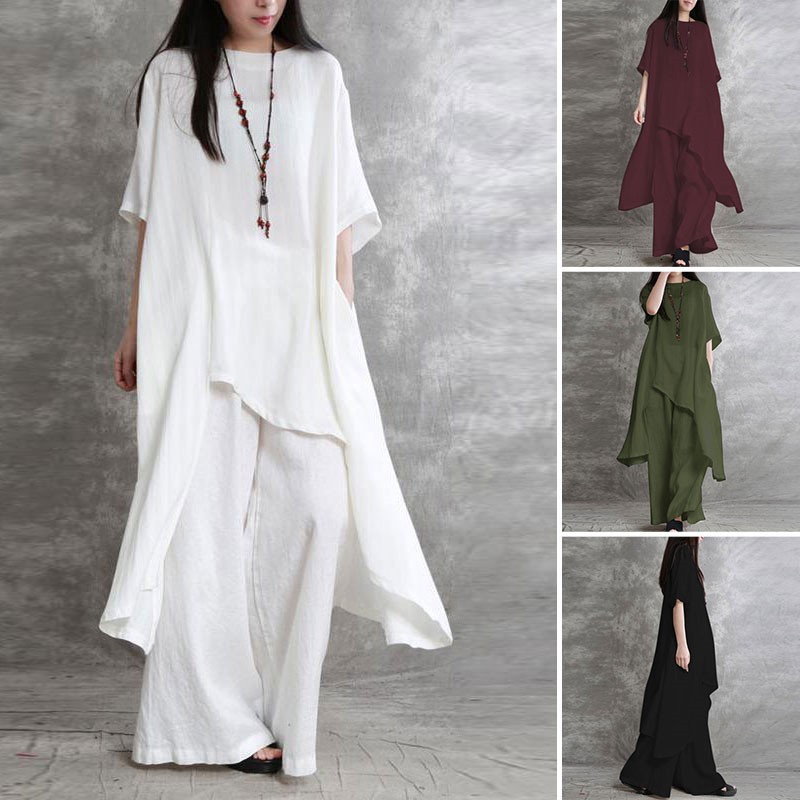 Linen Pant Wide - Damskie bawełniane lniane 2-częściowe zestawy Duży