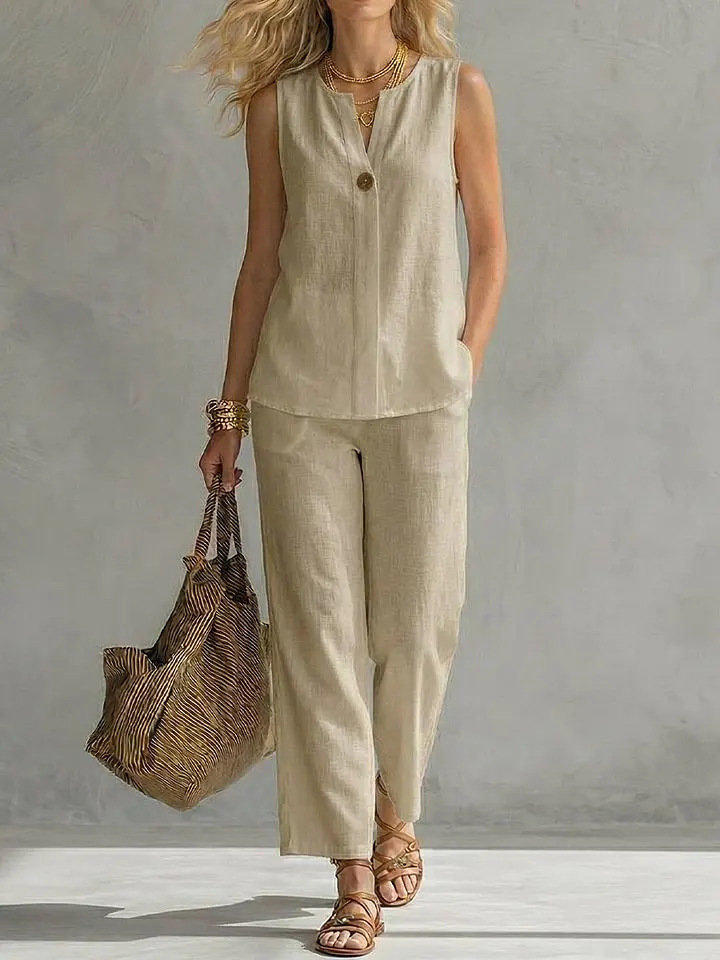 Dwuczęściowy lniany komplet be – Linen Pant Wide recenzja i cena