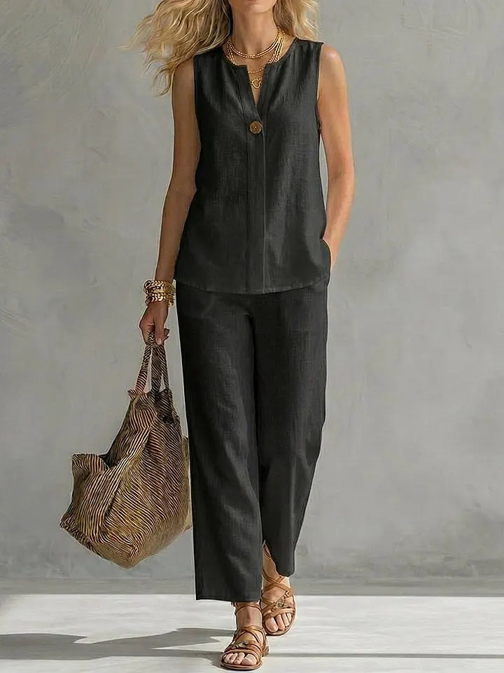 Dwuczęściowy lniany komplet be – Linen Pant Wide recenzja i cena